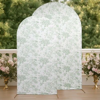 7ft Fitted Spandex Chiara Backdrop Cover â€“ French Toile Dusty Sage Green & White Floral Arch Slipcover for Round Top