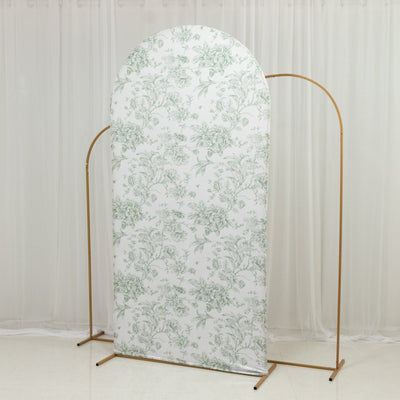 7ft Fitted Spandex Chiara Backdrop Cover â€“ French Toile Dusty Sage Green & White Floral Arch Slipcover for Round Top