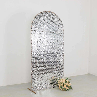 7ft Sparkly Silver Big Payette Sequin Fitted Wedding Arch Cover for Round Top Chiara Backdrop Stand - Backdrops