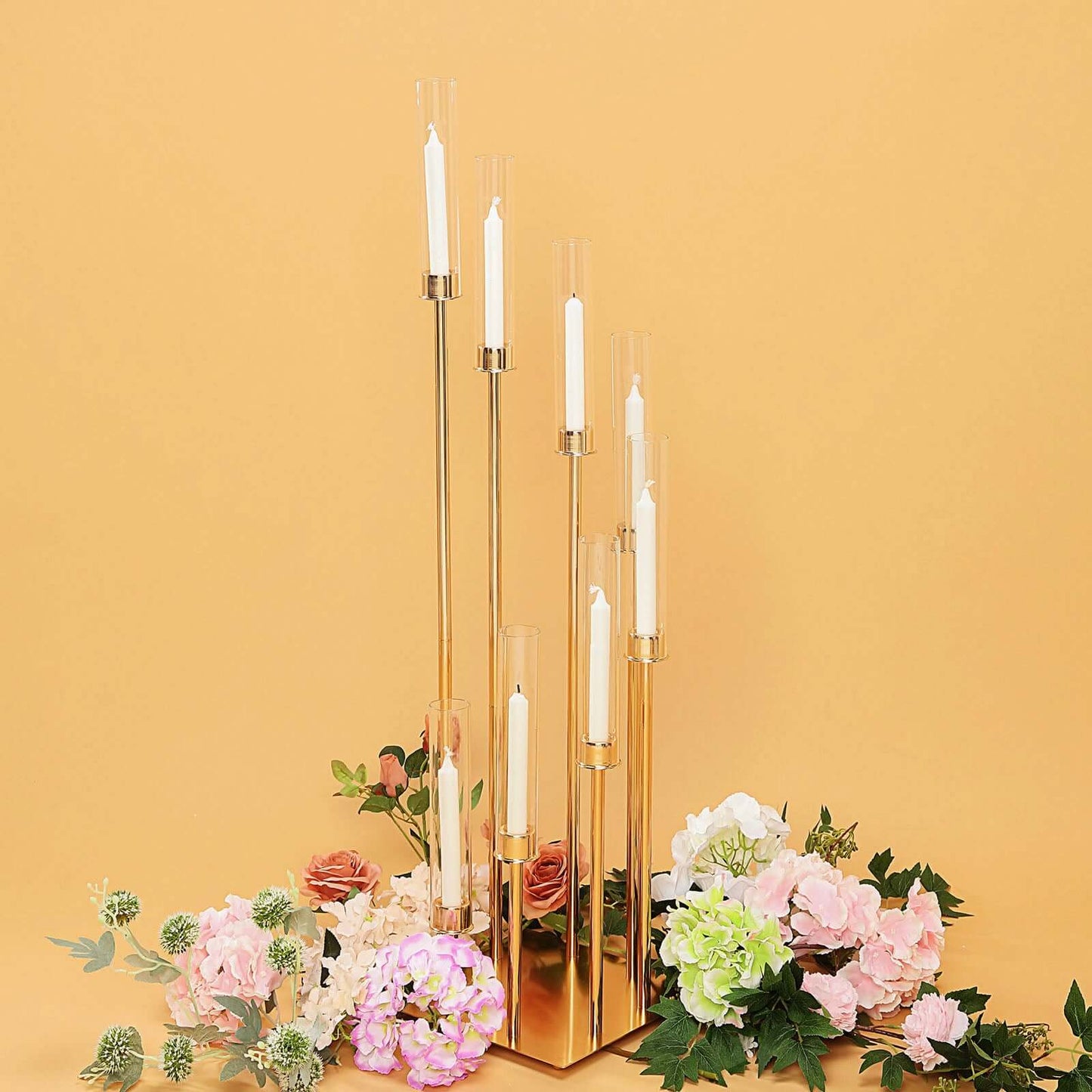 8 Arm Cluster Taper Candle Holder Gold - Stunning Large Candle Arrangement With Clear Glass Shades for Grand Banquets & Celebrations 42"