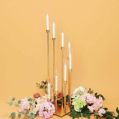 8 Arm Cluster Taper Candle Holder Gold - Stunning Large Candle Arrangement With Clear Glass Shades for Grand Banquets & Celebrations 42"