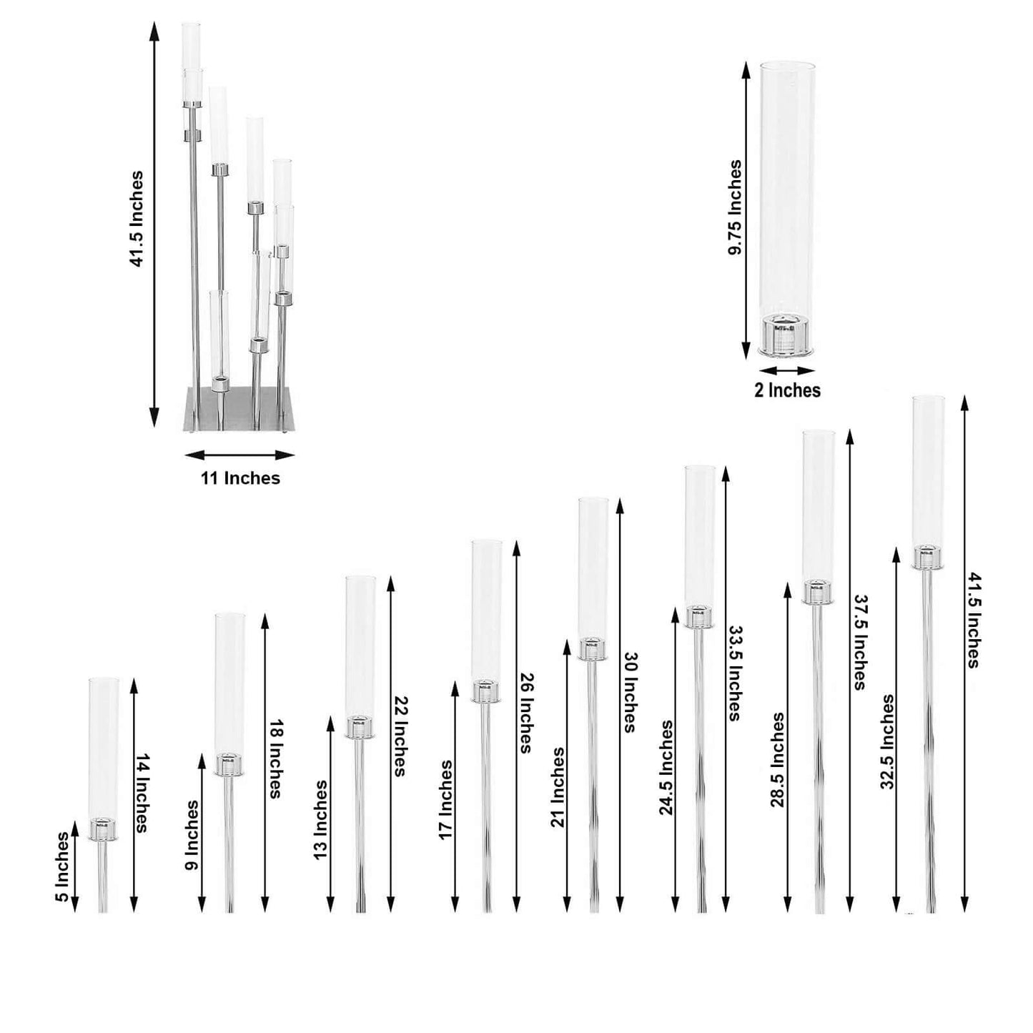 8 Arm Cluster Taper Candle Holder Silver - Stunning Large Candle Arrangement With Clear Glass Shades for Grand Banquets & Celebrations 42"