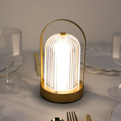 8’’ Gold Metal LED Table Lamp with Ribbed Acrylic Shade â€“ Cordless USB Rechargeable Touch Control Light with 3 Color