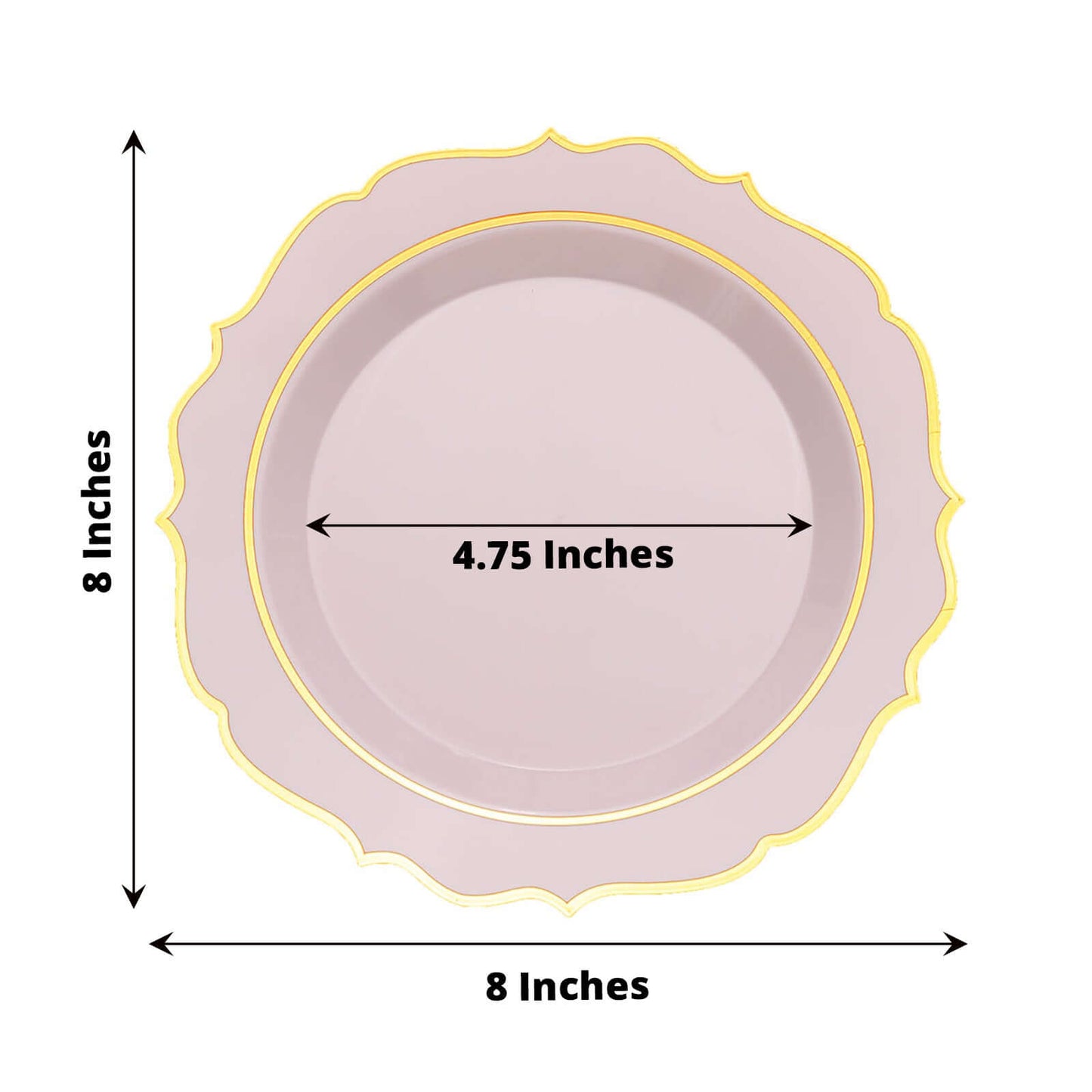10-Pack Plastic 8" Round Dessert Plates in Blush with Gold Scalloped Rim - Disposable Appetizer/Salad Plates