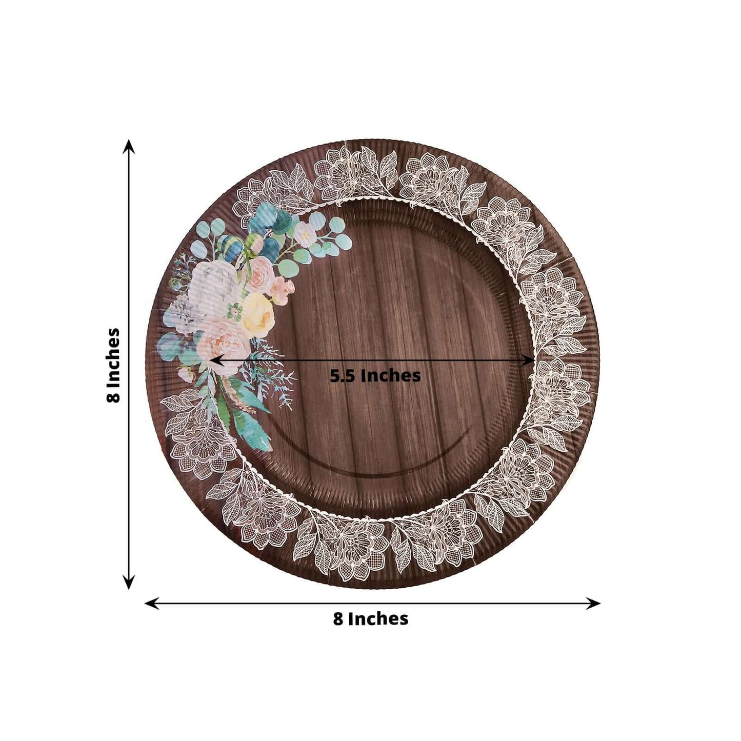 25-Pack Paper 8" Round Dessert Plates in Brown Wood Print with Floral Lace Rim - Disposable Salad Appetizer Plates for Farmhouse Events & Rustic Themes