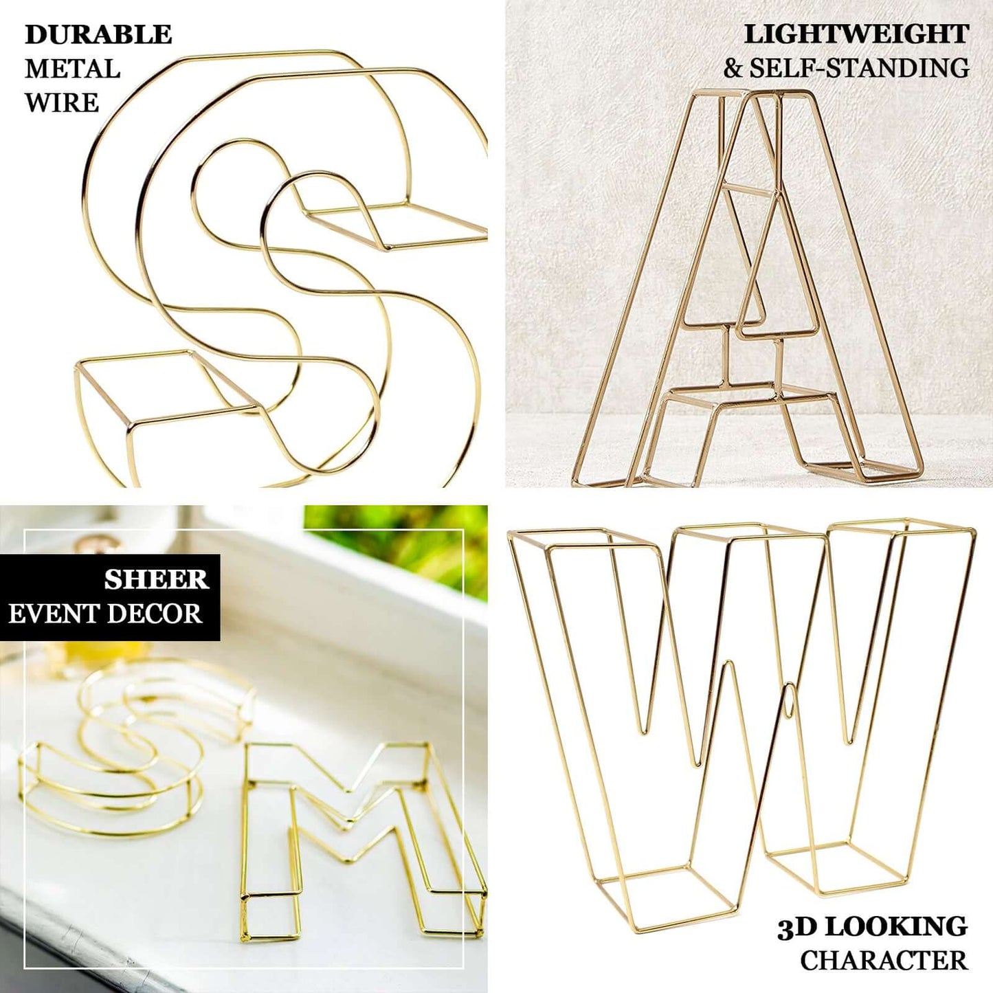 8" Tall Gold Freestanding 3D Decorative Wire Letter, Wedding Centerpiece - Q