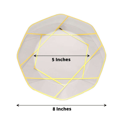 10-Pack Plastic 8" Octagon Dessert Plates in Clear - Modern Disposable Salad/Appetizer Plates with Gold Geometric Design for Special Occasions & Celebrations