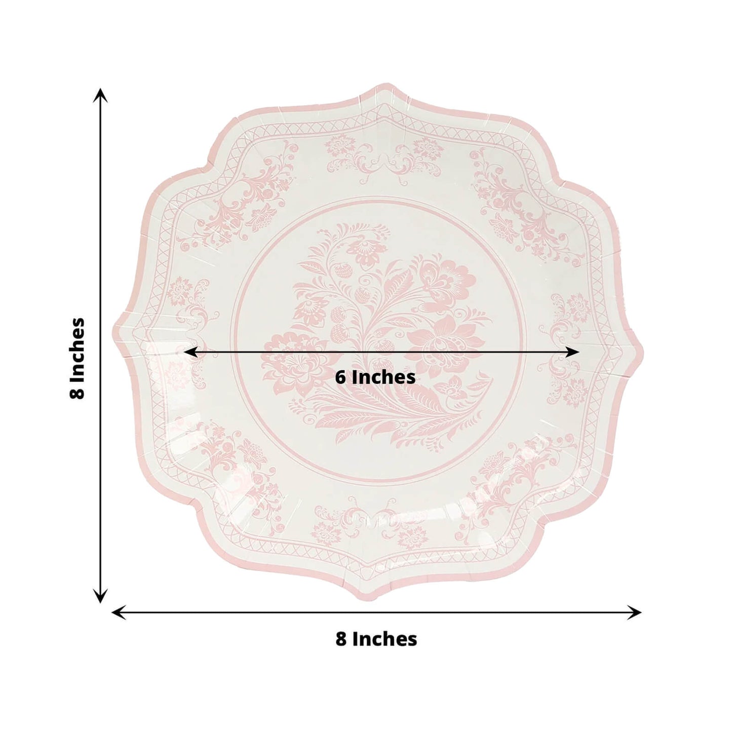 25-Pack Paper Dessert Plates in White with Pink Damask Floral Print & Scallop Rim - Stylish Disposable 300GSM Floral Salad Appetizer Plates 8"