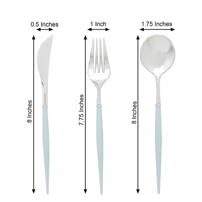 24-Pack Plastic Flatware Set in Silver with Light Blue Handle - Heavy Duty Disposable Modern Silverware 8"
