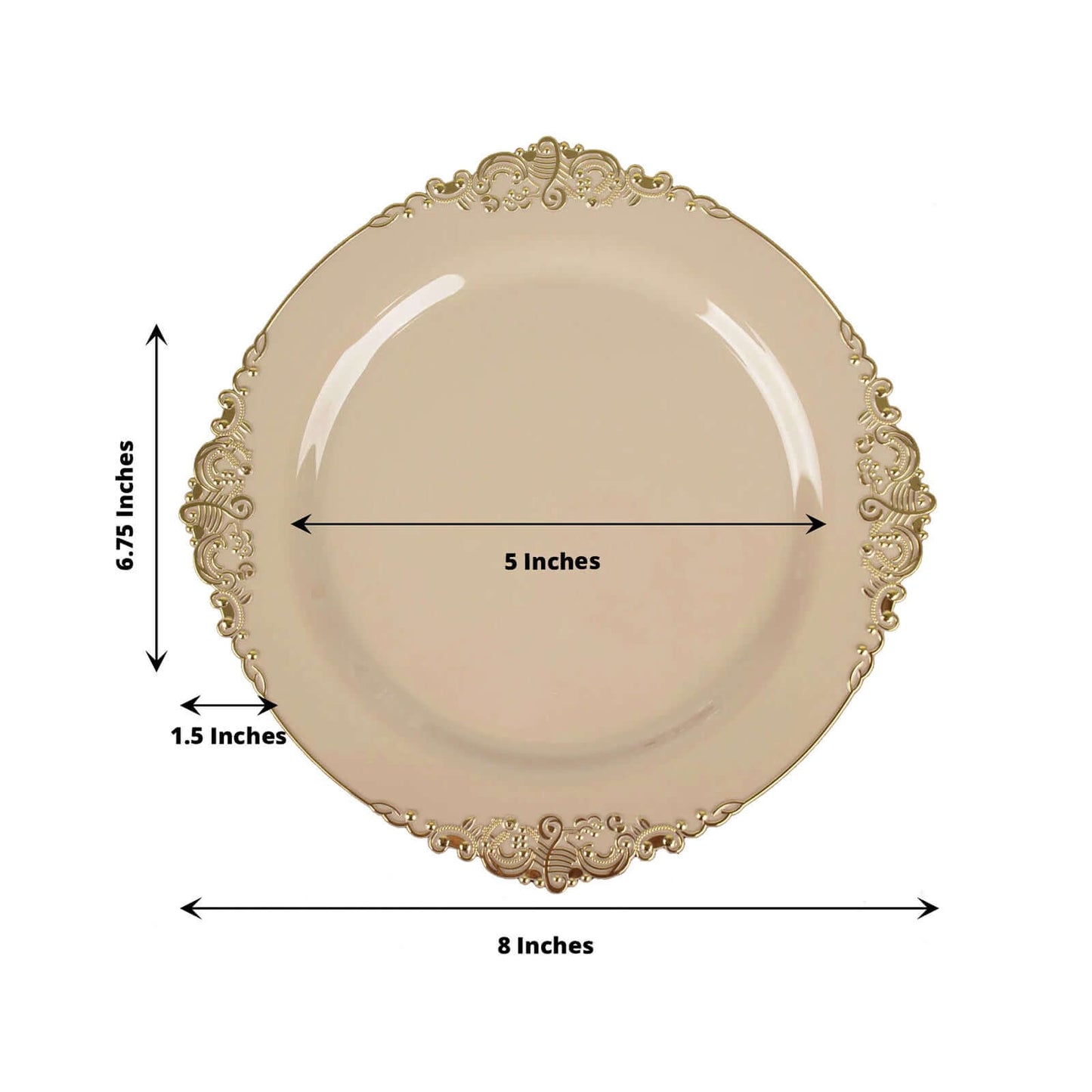 10-Pack Plastic 8" Round Dessert Plates in Taupe with Gold Leaf Embossed Rim - Disposable Vintage Baroque Style Salad Plates