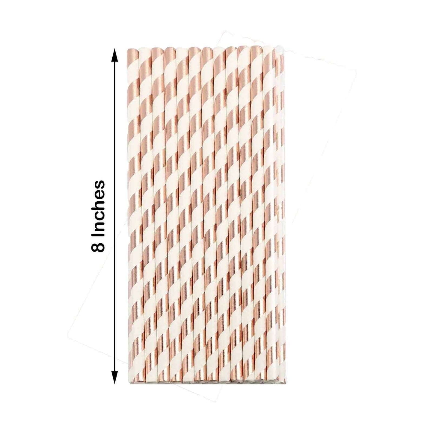 25-Pack Paper Straws White/Rose Gold Striped - Stylish Disposable Straws for Drinks 8"