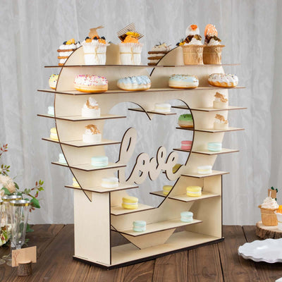 8-Layer Wooden Dessert Display Stand Heart Shaped Double Sided Design Natural - ’Love’ Cupcake Shelf Table Rack 26’’