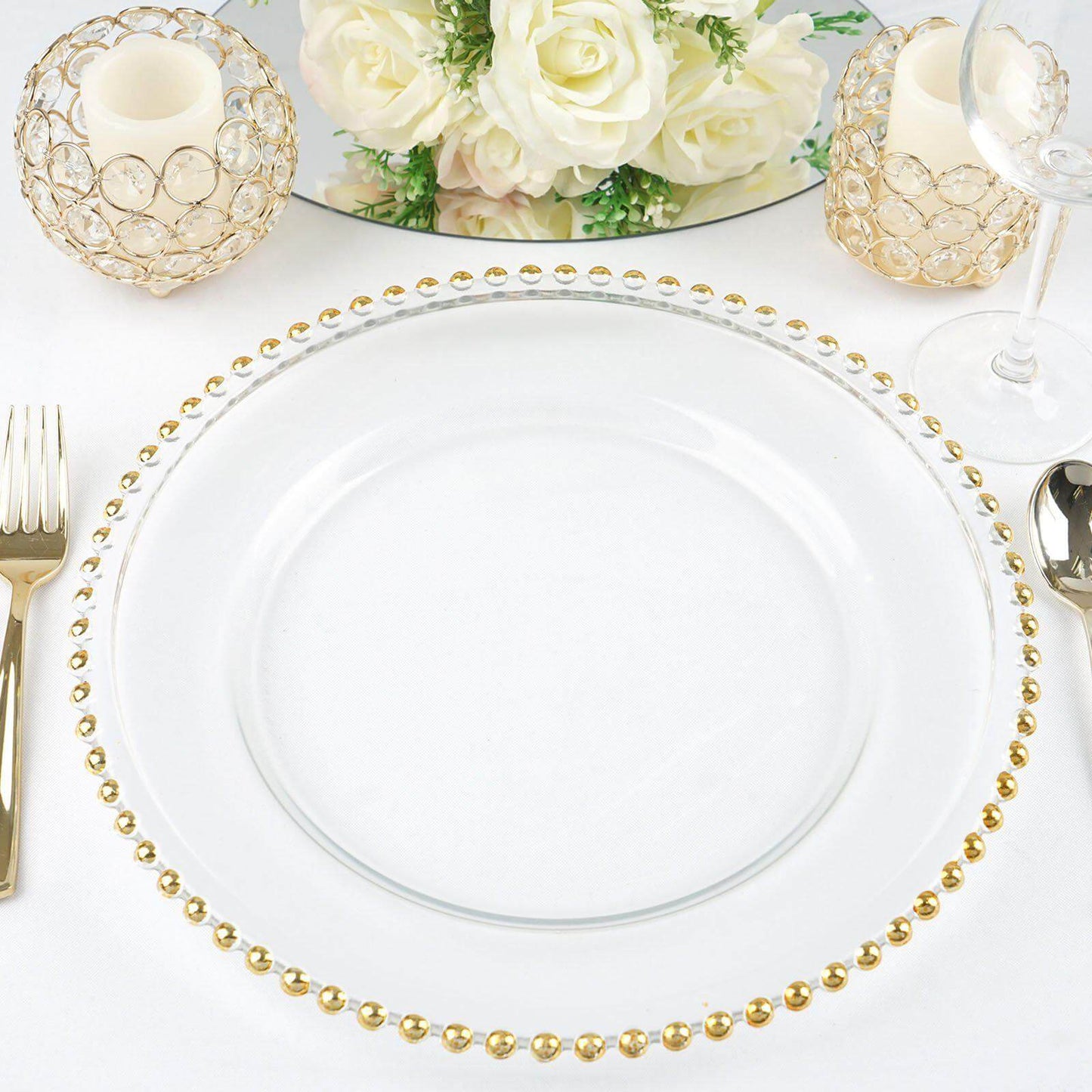 8-Pack Glass Round Charger Plates 12" Clear with Gold Beaded Rim, Event Tabletop Decorative Dinner Charger Tableware