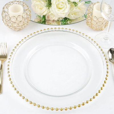 8-Pack Glass Round Charger Plates 12" Clear with Gold Beaded Rim, Event Tabletop Decorative Dinner Charger Tableware