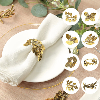 8 Pack Glossy Gold Metal Leaf Napkin Rings Vintage Herb Napkin Holders - Napkins
