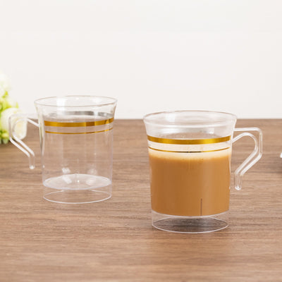 8-Pack Plastic Coffee Mugs Clear with Gold Stripes - Sturdy Disposable Cups for Coffee and Tea 8oz 3.5’’ - Disposables