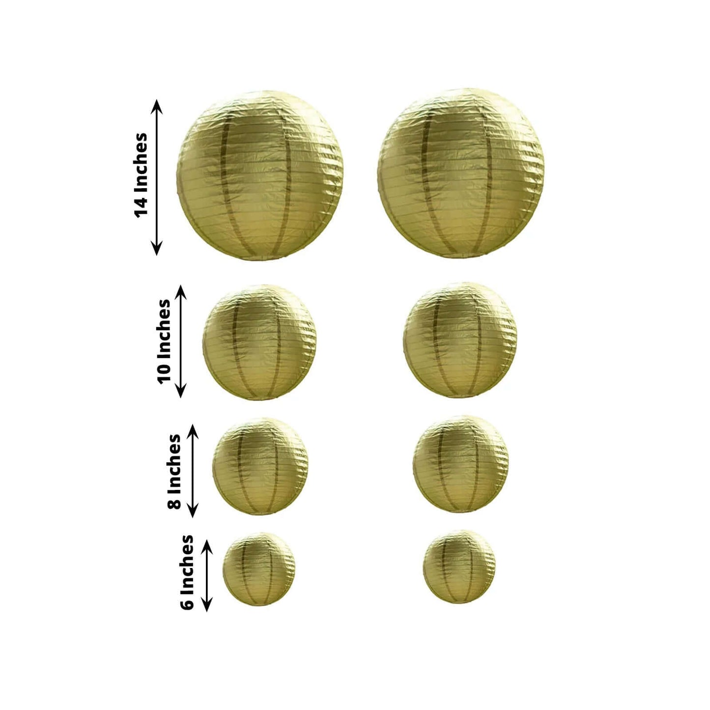 Set of 8 Gold Hanging Paper Lanterns, Decorative Round Chinese Sky Lanterns, Assorted Sizes  - 6",8",10",14"