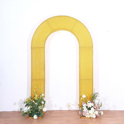 8ft Gold Spandex Fitted U-Shaped Wedding Arch Cover With Shimmer Tinsel Finish Double-Sided Open Arch Backdrop
