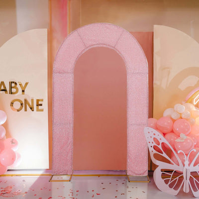 8ft Rose Gold Spandex Fitted U-Shaped Wedding Arch Cover With Shimmer Tinsel Finish Double-Sided Open Arch Backdrop