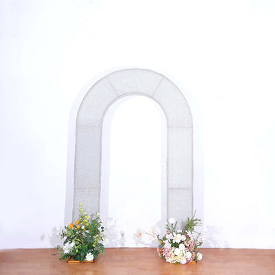 8ft Silver Spandex Fitted U-Shaped Wedding Arch Cover With Shimmer Tinsel Finish Double-Sided Open Arch Backdrop