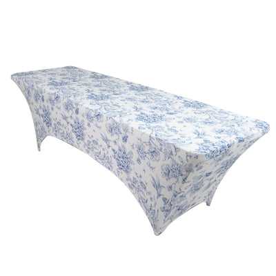 8ft Spandex Fitted Rectangle Tablecloth â€“ White & Blue French Toile Wrinkle-Free Stretch Table Cover - Tablecloths
