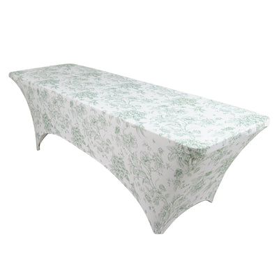 8ft Spandex Fitted Rectangle Tablecloth â€“ White & Dusty Sage Green French Toile Wrinkle-Free Stretch Table Cover