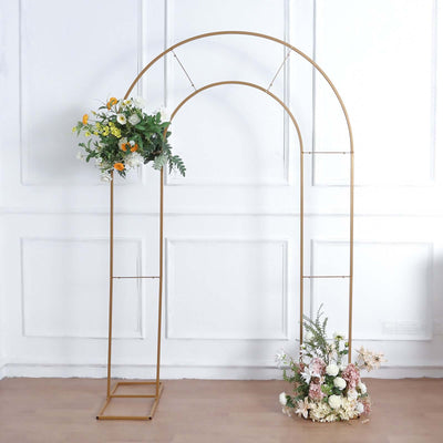 8ft Tall Gold Metal Round Top Double Arch Wedding Arbor Ceremony Stand Flower Balloon Frame Backdrop Stand - Backdrops