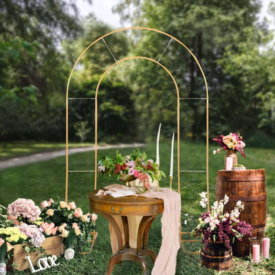 8ft Tall Gold Metal Round Top Double Arch Wedding Arbor Ceremony Stand Flower Balloon Frame Backdrop Stand - Backdrops