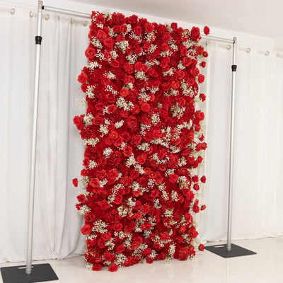 8ftx4ft Roll Up Artificial Flower Wall Panel Backdrop with Red Silk Roses & Baby’s Breath - Backdrops