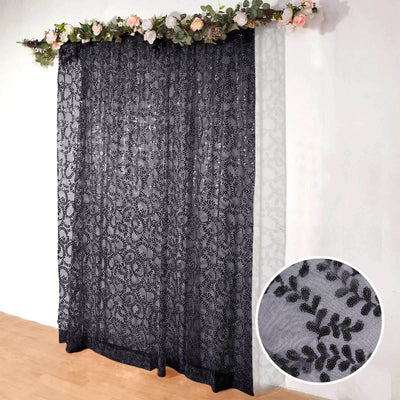 8ftx8ft Black Embroider Sequin Event Curtain Drapes Sparkly Sheer Backdrop Event Panel With Embroidery Leaf - Backdrops