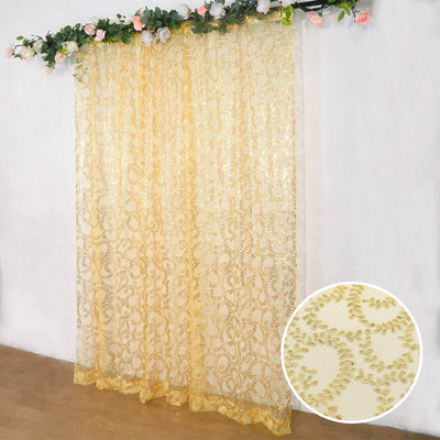 8ftx8ft Gold Embroider Sequin Event Curtain Drapes Sparkly Sheer Backdrop Event Panel With Embroidery Leaf - Backdrops