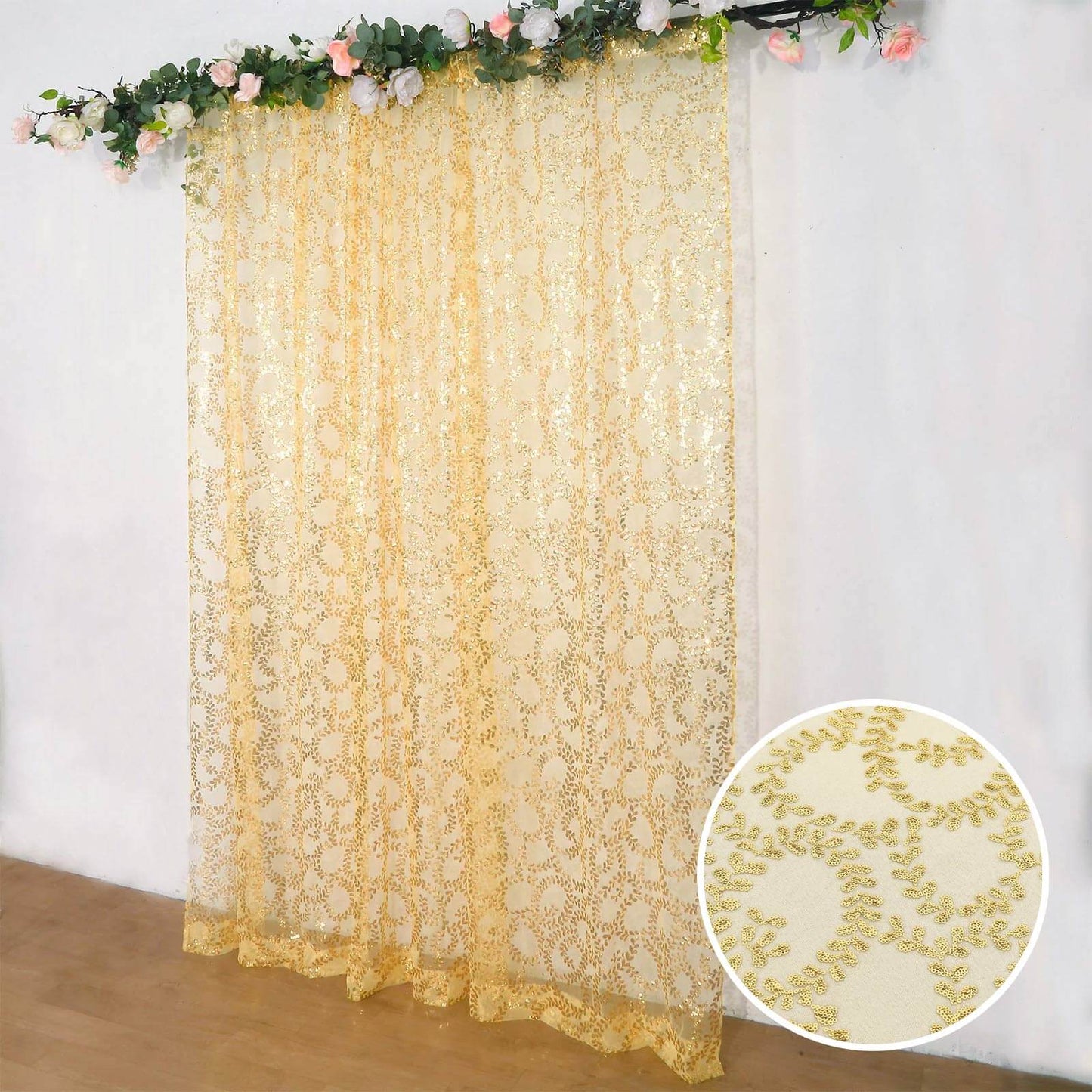 8ftx8ft Gold Embroider Sequin Event Curtain Drapes, Sparkly Sheer Backdrop Event Panel With Embroidery Leaf