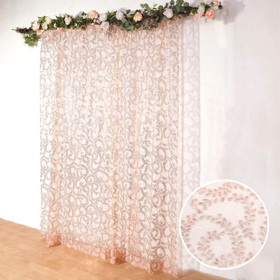 8ftx8ft Rose Gold Embroider Sequin Event Curtain Drapes Sparkly Sheer Backdrop Event Panel With Embroidery Leaf