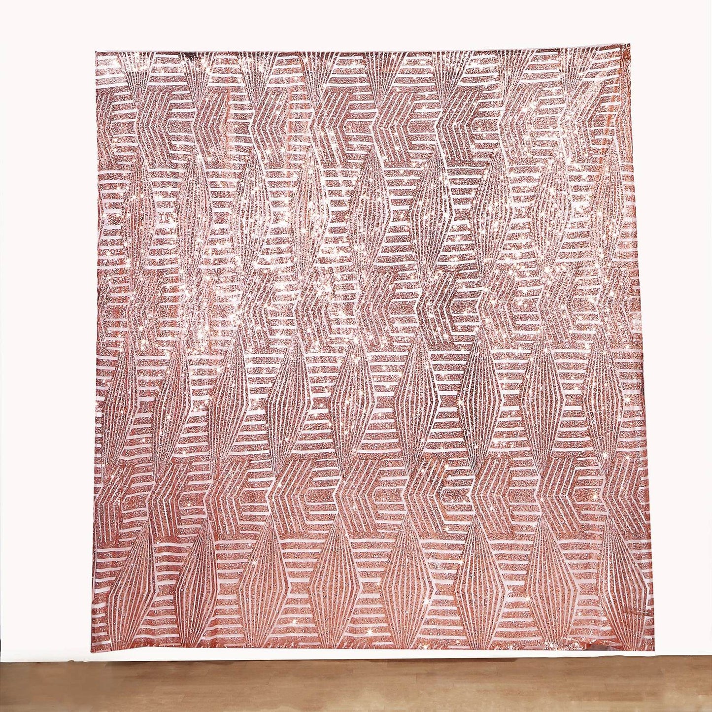 8ftx8ft Rose Gold Geometric Sequin Event Curtain Drapes with Satin Backing, Seamless Opaque Sparkly Backdrop Event Panel in Diamond Glitz Pattern