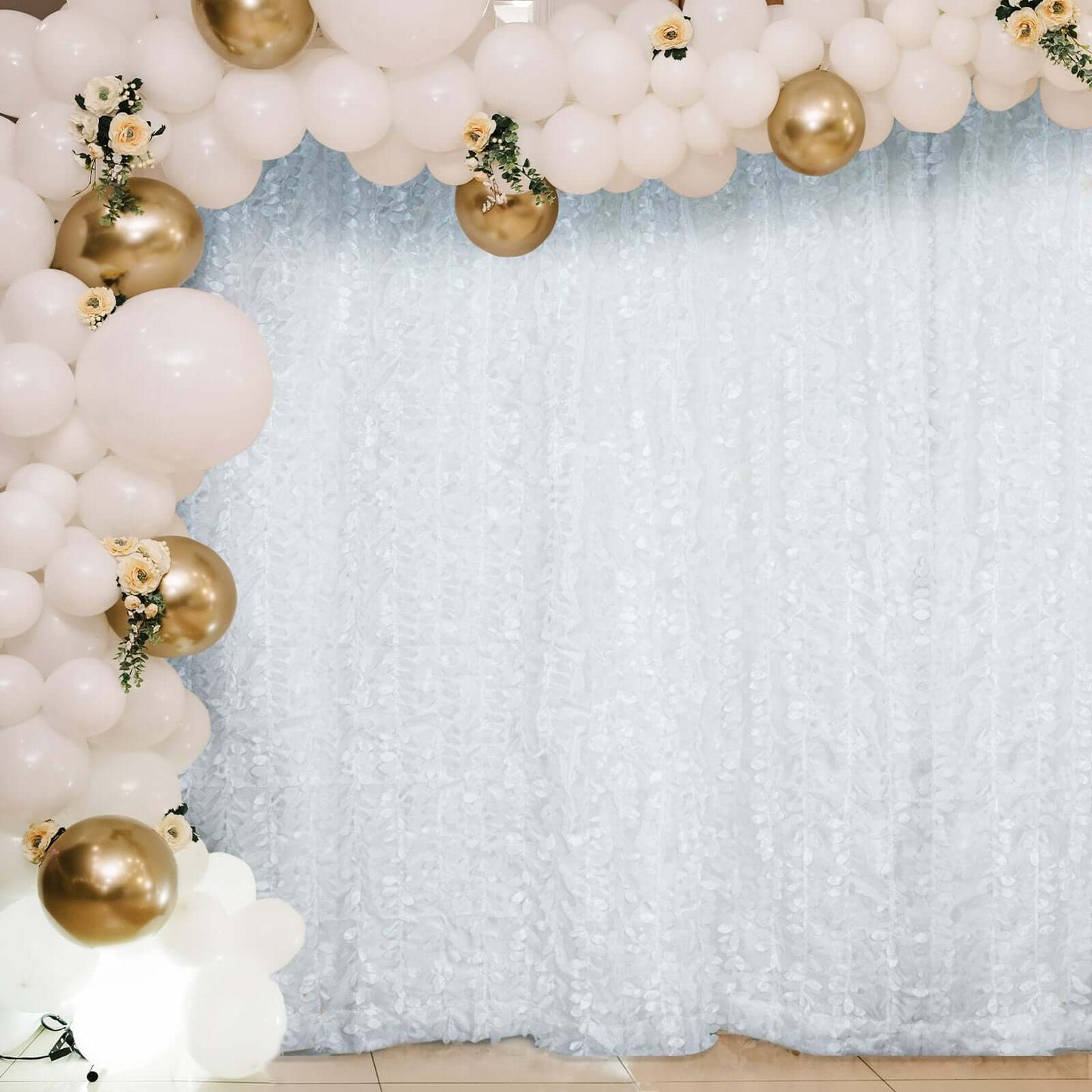 8ftx8ft White 3D Leaf Petal Taffeta Event Curtain Drapes, Backdrop Event Panel With Rod Pocket