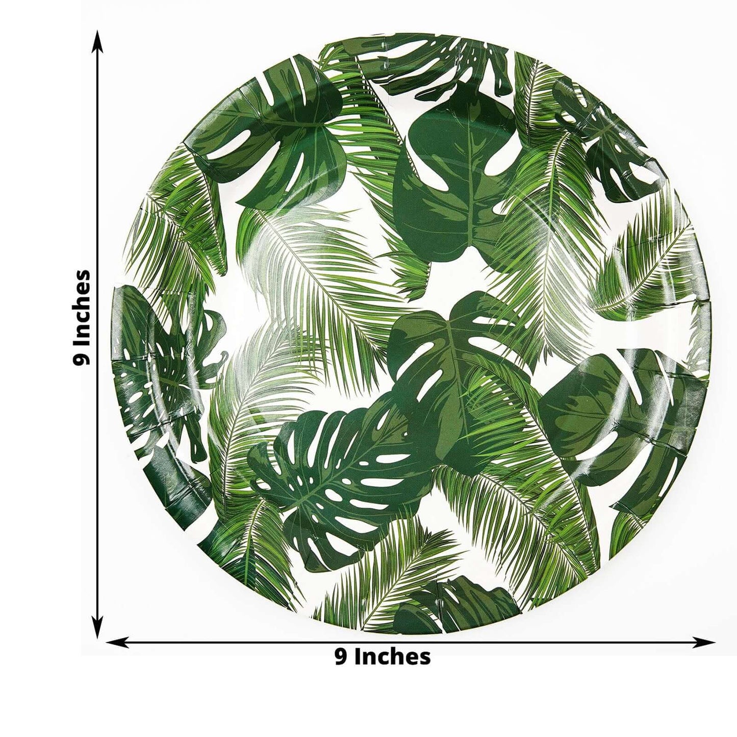 25-Pack Paper 9" Round Dinner Plates in White with Tropical Palm Leaf Design - Disposable 300GSM Party Plates for Luau & Summer Gatherings