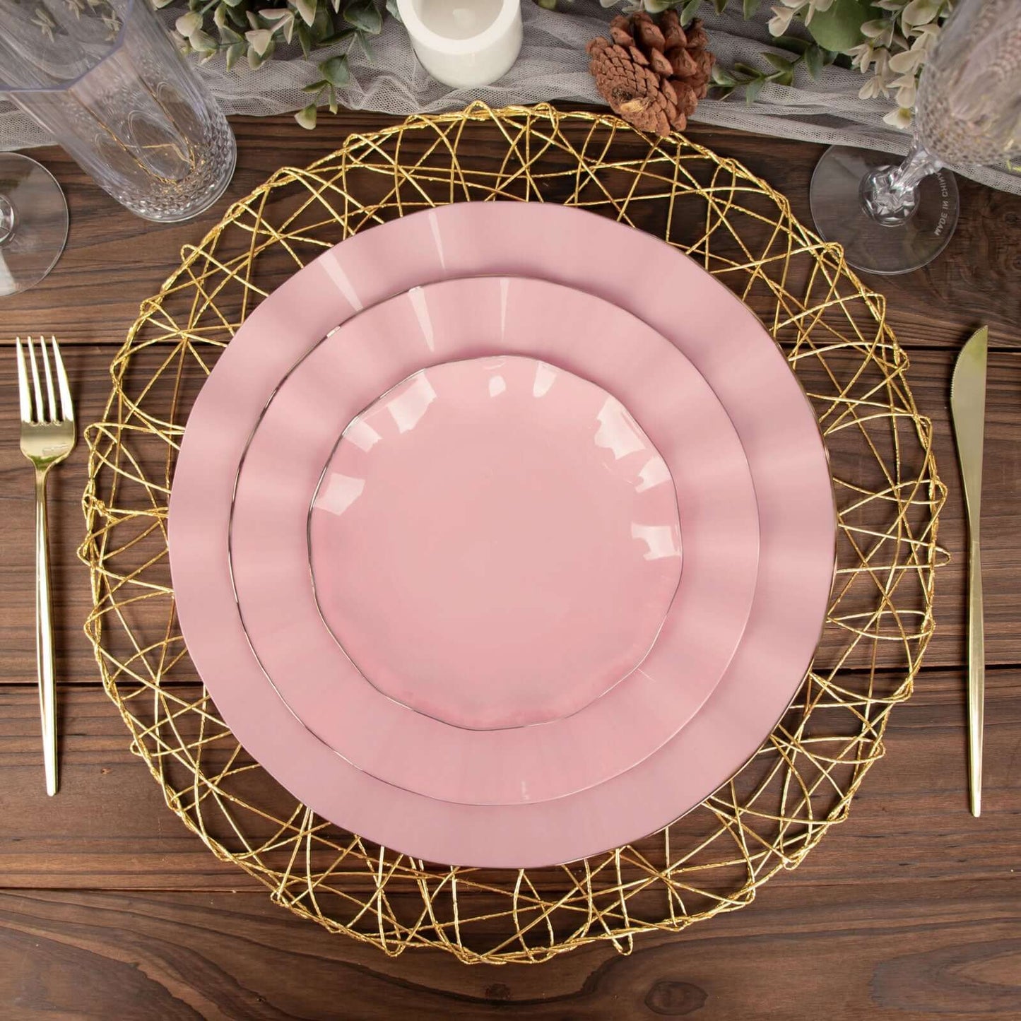 10-Pack Plastic 9" Round Dinner Plates in Dusty Rose Ruffled Rim with Gold Edging - Sturdy Disposable Dinnerware