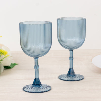 12-Pack Plastic Goblets Dusty Blue Vintage Ribbed Pattern - Reusable Shatterproof Glassware 9oz