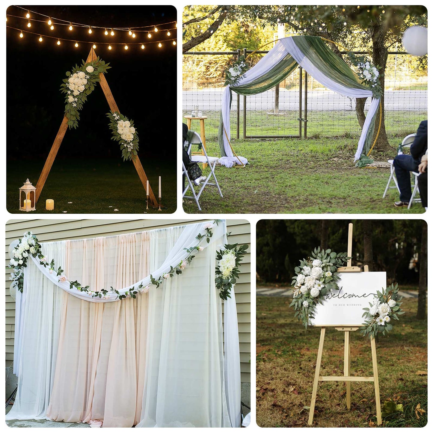 Set of 2 Silk Rose Floral Swag Wedding Arch Flowers in Cream Blush with Eucalyptus Leaves, Large Artificial Flower Arrangement Garlands - 24",42"