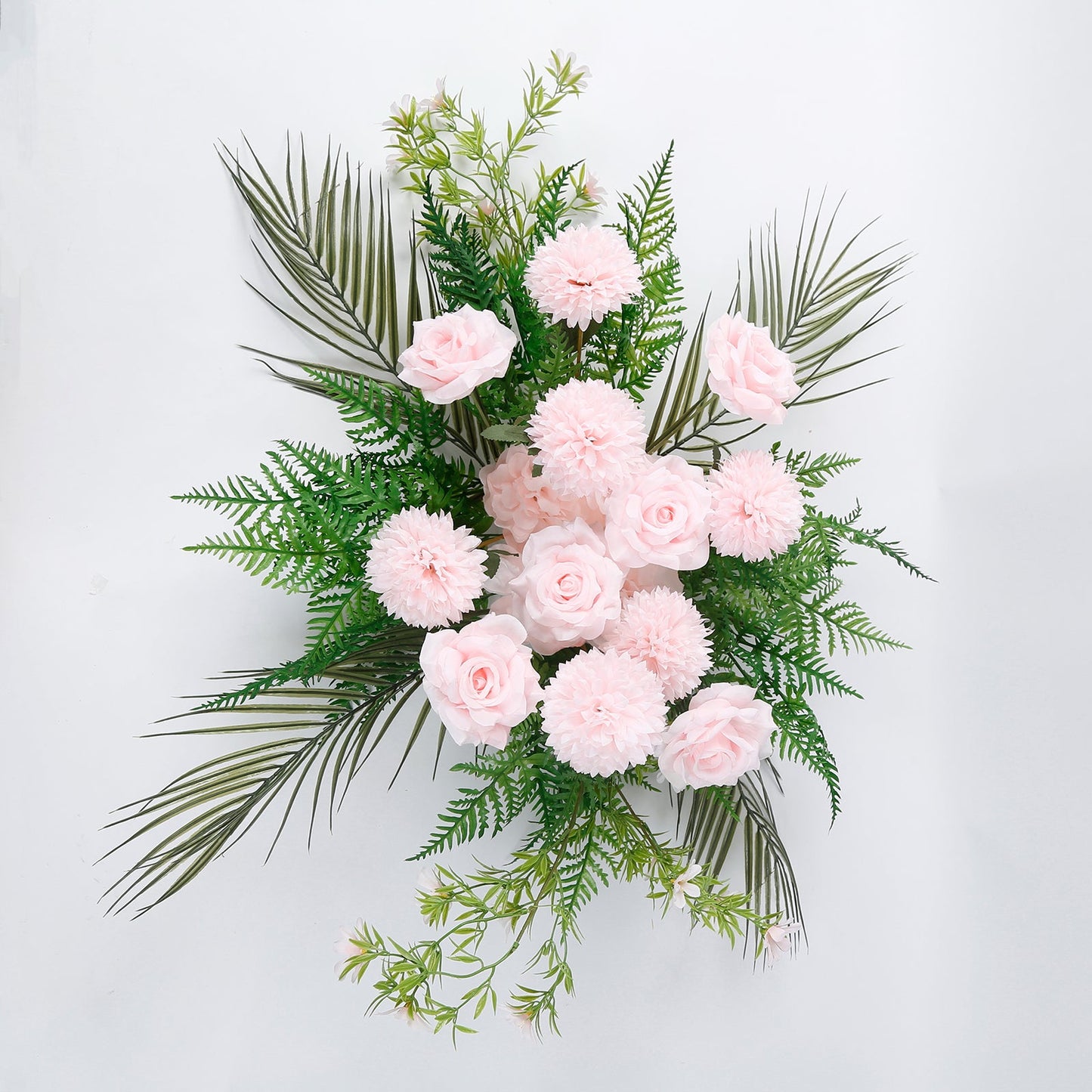 Artificial Wedding Arch Flowers â€“ Blush Rose & Chrysanthemum Swag with Greenery and Palm Leaves