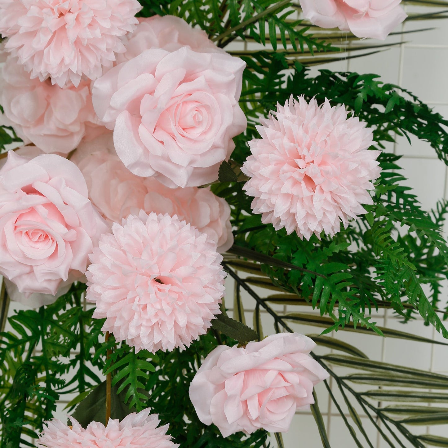 Artificial Wedding Arch Flowers â€“ Blush Rose & Chrysanthemum Swag with Greenery and Palm Leaves