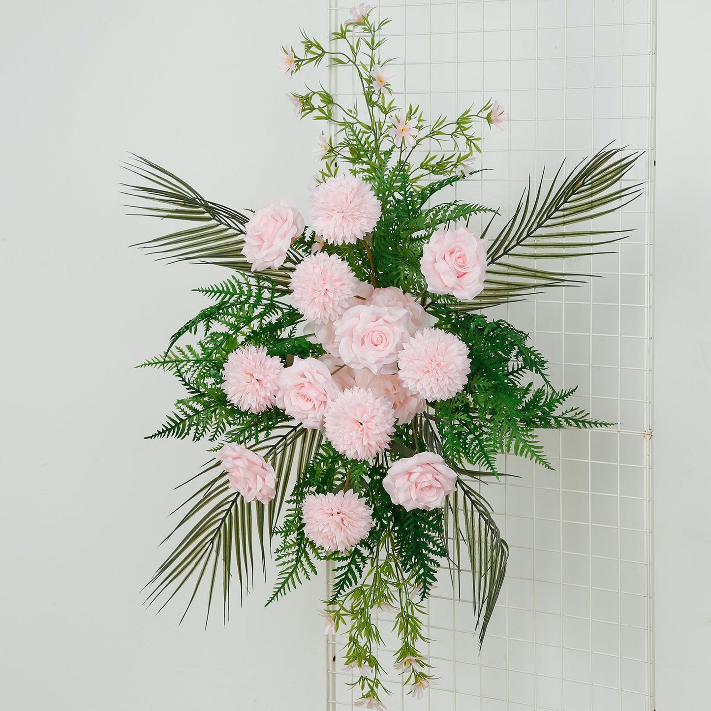Artificial Wedding Arch Flowers â€“ Blush Rose & Chrysanthemum Swag with Greenery and Palm Leaves