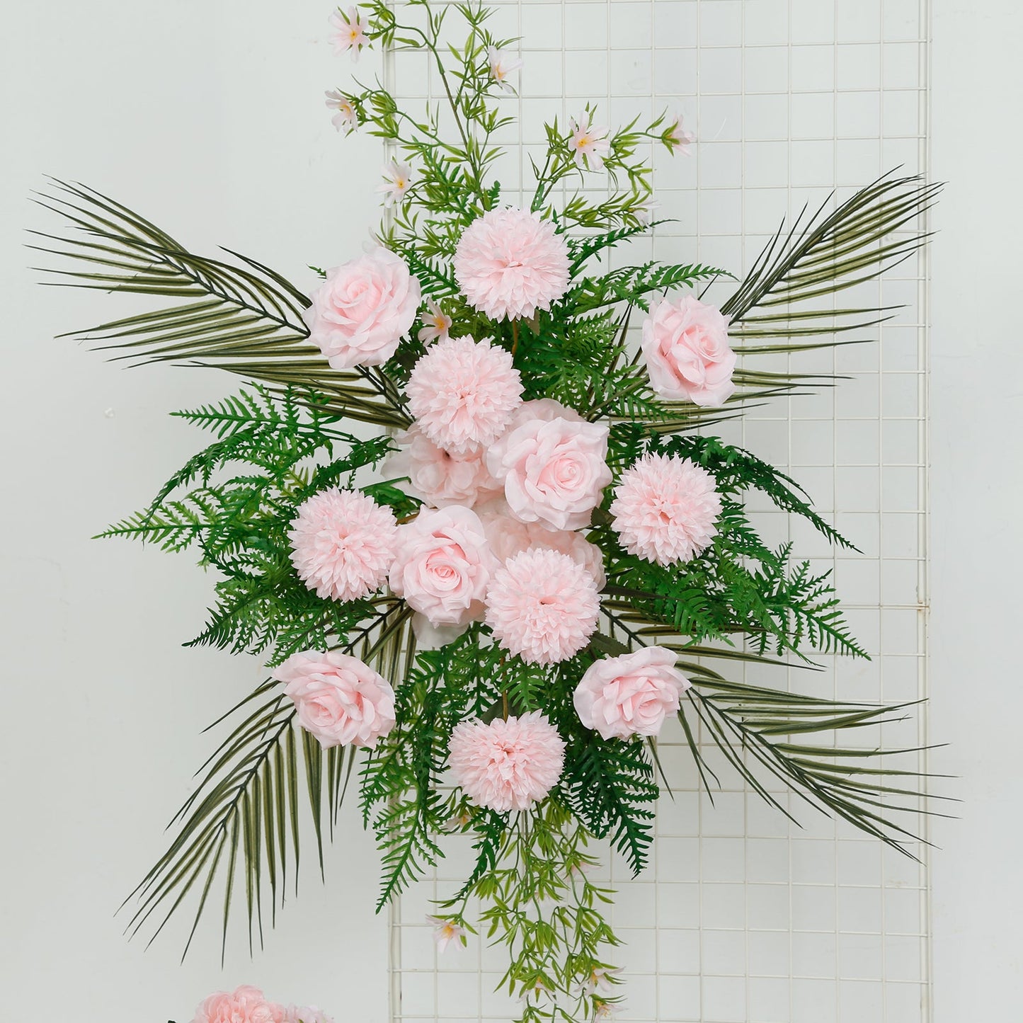 Artificial Wedding Arch Flowers â€“ Blush Rose & Chrysanthemum Swag with Greenery and Palm Leaves
