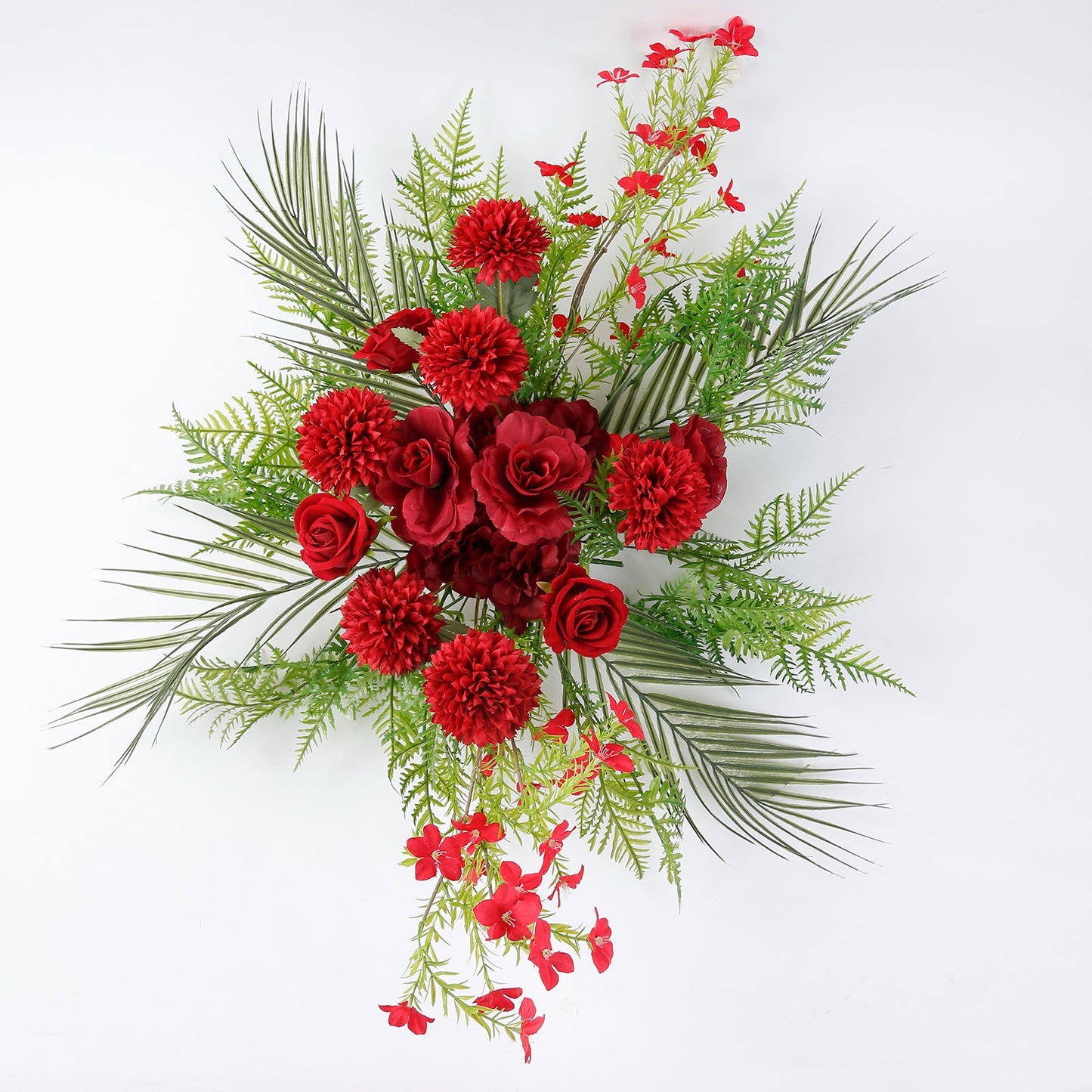 Artificial Wedding Arch Flowers â€“ Burgundy Rose & Chrysanthemum Swag with Greenery and Palm Leaves