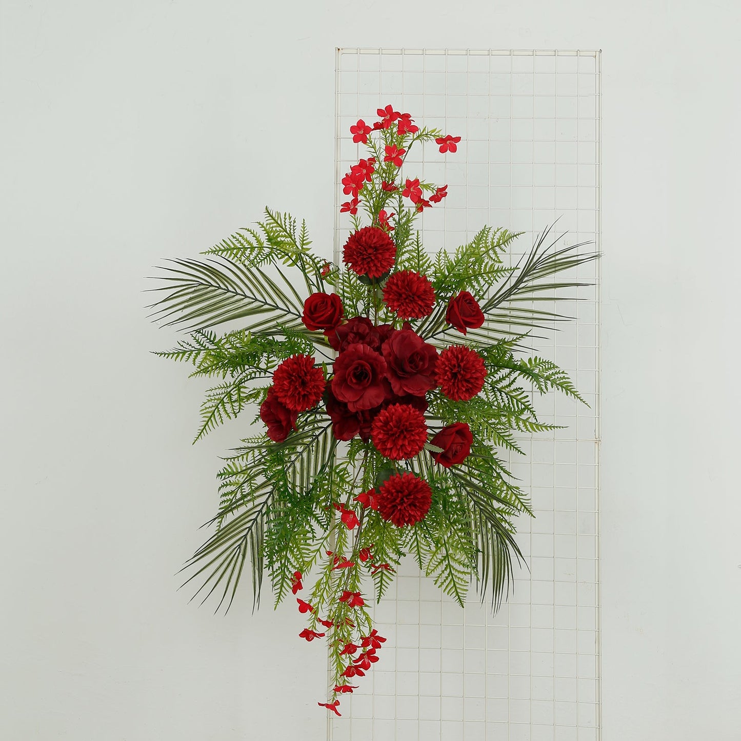 Artificial Wedding Arch Flowers â€“ Burgundy Rose & Chrysanthemum Swag with Greenery and Palm Leaves