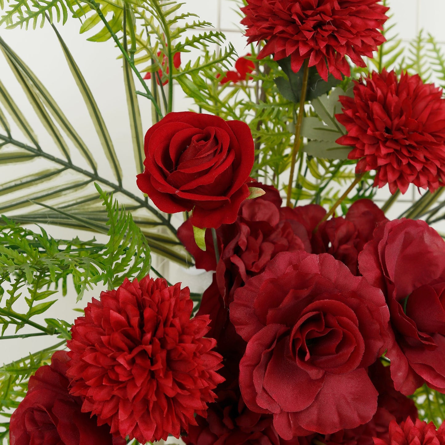 Artificial Wedding Arch Flowers â€“ Burgundy Rose & Chrysanthemum Swag with Greenery and Palm Leaves