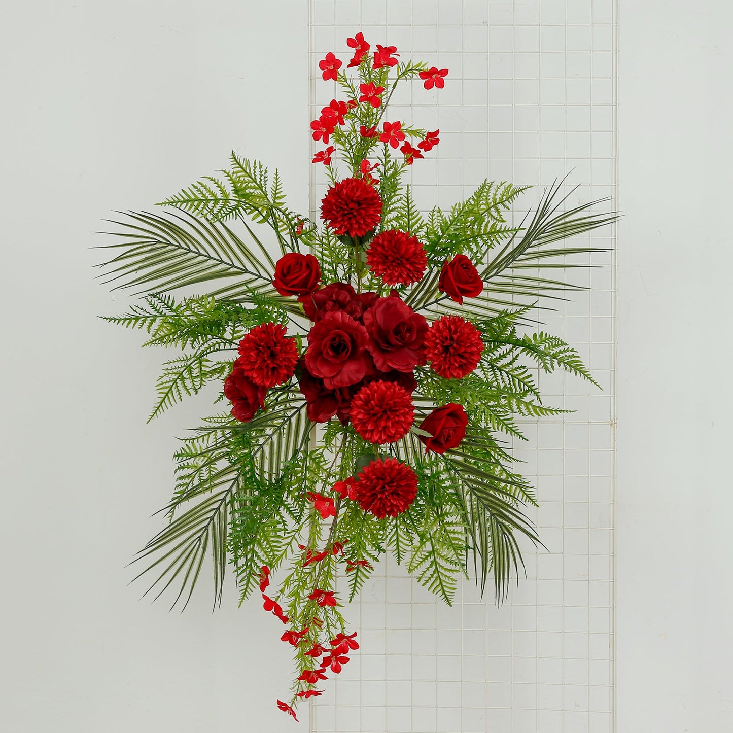 Artificial Wedding Arch Flowers â€“ Burgundy Rose & Chrysanthemum Swag with Greenery and Palm Leaves