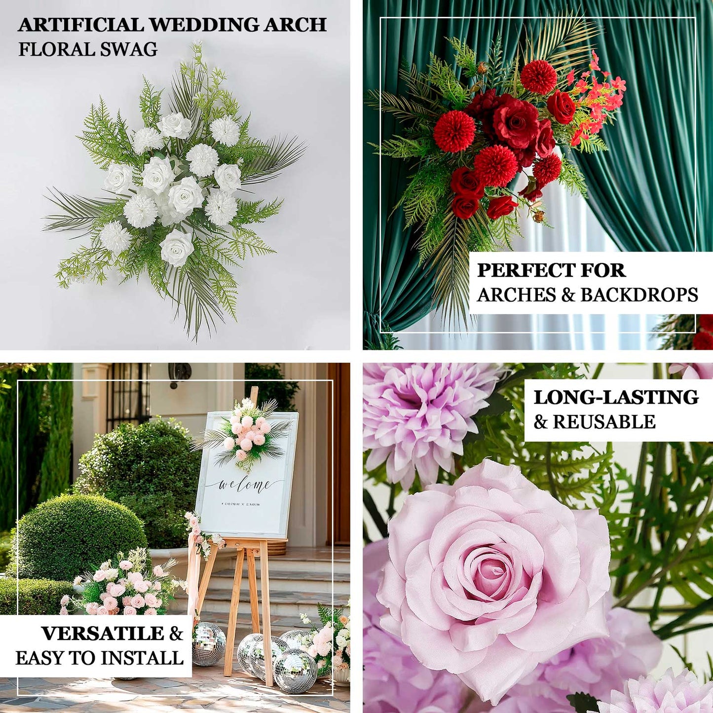 Artificial Wedding Arch Flowers â€“ Blush Rose & Chrysanthemum Swag with Greenery and Palm Leaves