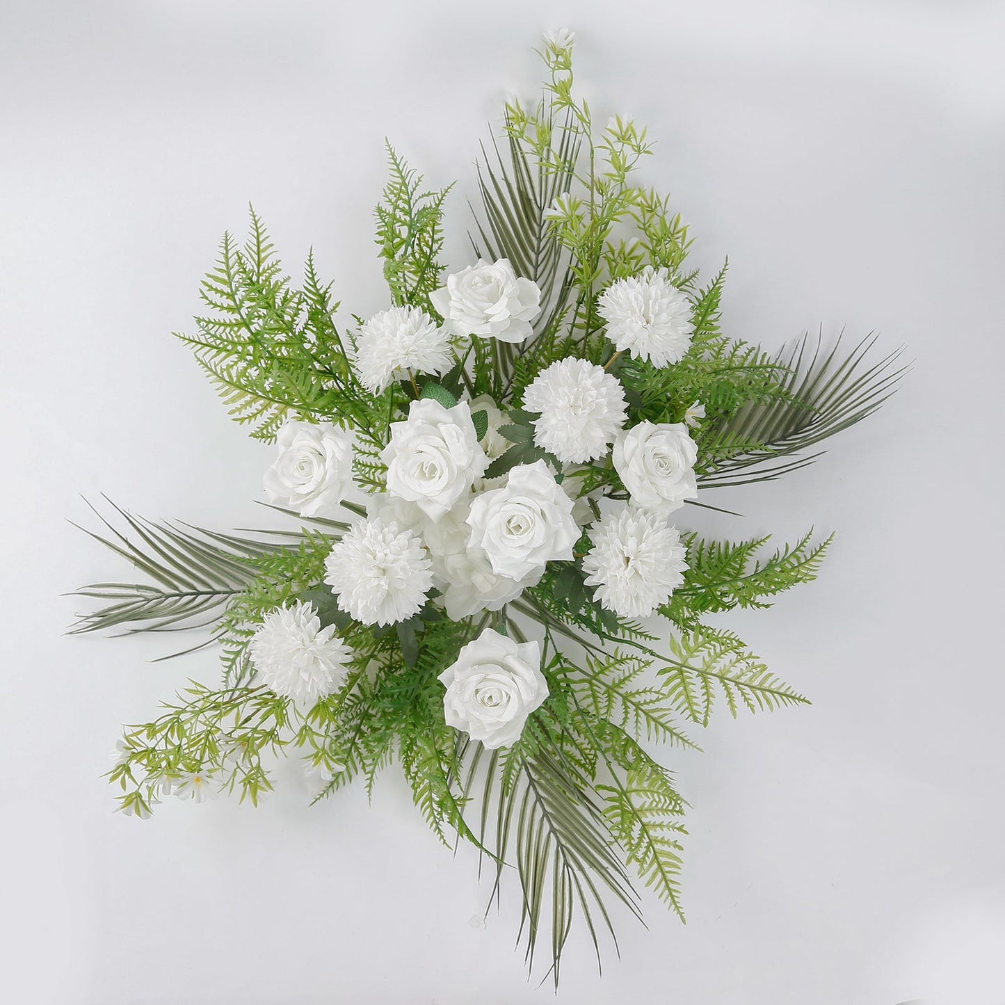 Artificial Wedding Arch Flowers â€“ Ivory Rose & Chrysanthemum Swag with Greenery and Palm Leaves