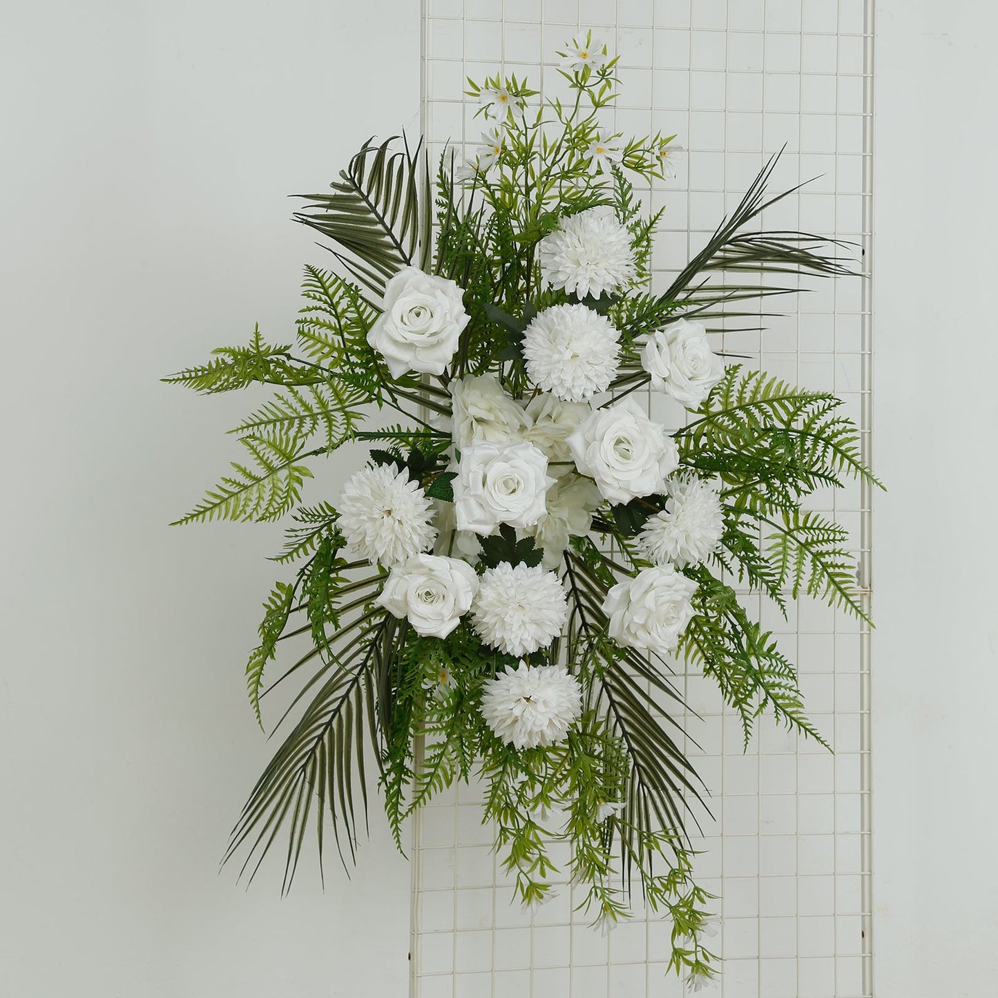 Artificial Wedding Arch Flowers â€“ Ivory Rose & Chrysanthemum Swag with Greenery and Palm Leaves